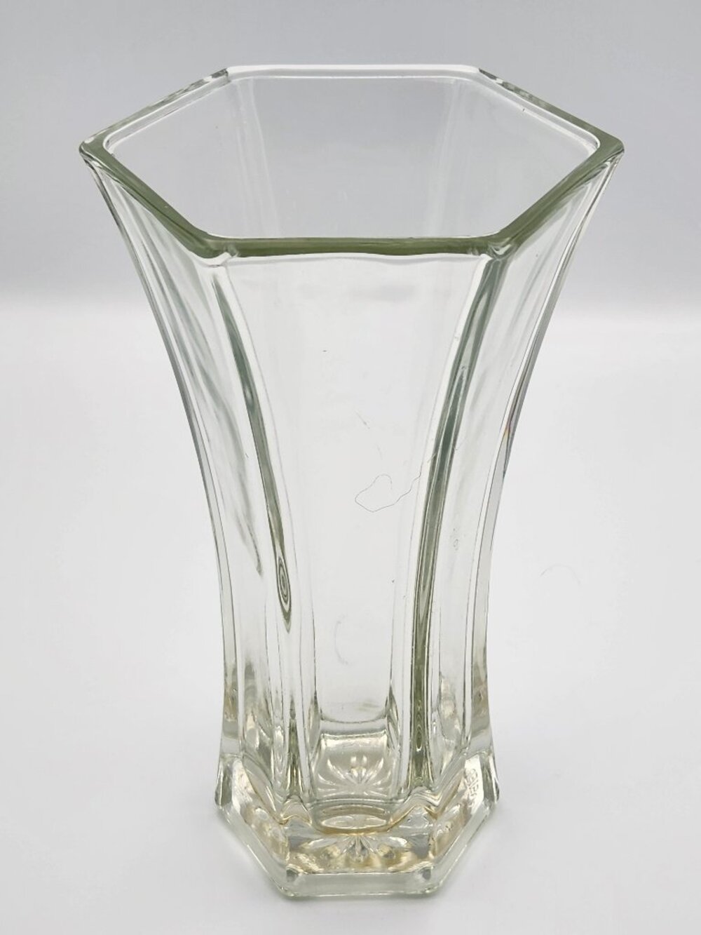 Vintage Hoosier Glass Clear Hexagon Vase #4040 - 9" Tall Heavy Base Starburst